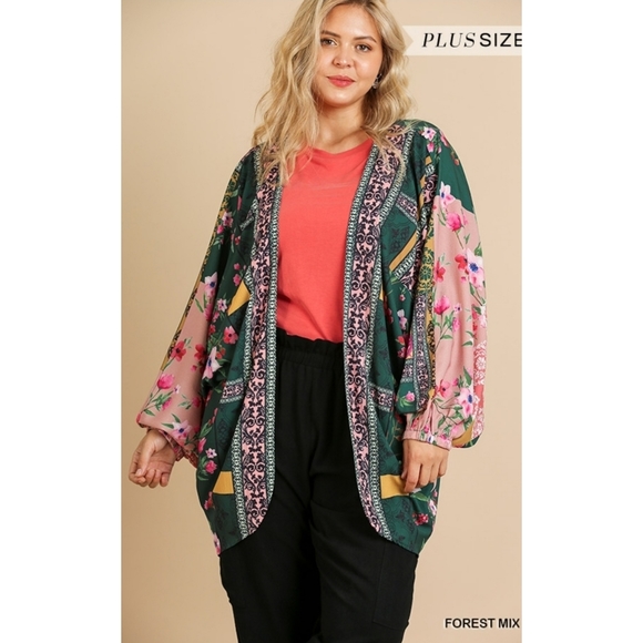 Umgee Plus Floral Scarf Print Puff Sleeve Kimono XL - Picture 6 of 13